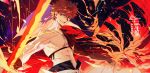  1boy embers emiya_shirou endo_(takolegs) fate/grand_order fate_(series) fire highres igote katana limited/zero_over looking_at_viewer male_focus red_hair sengo_muramasa_(fate) shirtless signature smile solo sword toned toned_male upper_body weapon wristband yellow_eyes 