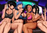  4girls arung_samudra_(cessa) black_bra black_hair blue_bra blue_hair blue_nails blue_panties borrowed_character bra breasts brown_eyes cessa champagne_flute choker cleavage commentary convenient_arm couch crossed_legs crossover cup dark_skin dark_skinned_female drinking_glass earrings english_commentary fingernails forehead green_nails group_picture hair_bobbles hair_ornament hat huge_breasts jewelry lace-trimmed_bra lace_trim large_breasts lingerie lipstick long_fingernails looking_at_viewer makeup multiple_crossover multiple_girls nail_polish naoko-san navel olive_laurentia open_mouth original panties party_hat party_horn pince-nez pink-tinted_eyewear pink_bra pink_nails pink_panties puckered_lips red_eyes red_nails rimless_eyewear rina_atherina round_eyewear short_hair short_twintails silver_choker star_(symbol) star_earrings stomach thighs toned topless twintails underwear underwear_only very_dark_skin 