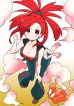  1girl breasts chorimokki cleavage closed_mouth denim flannery_(pokemon) gen_3_pokemon gym_leader jeans large_breasts long_hair looking_at_viewer pants pokemon pokemon_(game) pokemon_rse red_eyes red_hair smile torkoal 