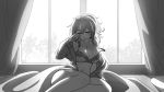  1girl bare_legs bare_shoulders bed_sheet blush bra breasts cleavage closed_eyes curtains feet_out_of_frame greyscale highres kay_yu large_breasts long_hair long_sleeves messy_hair monochrome no_nose off_shoulder open_clothes open_shirt original parted_lips pink-haired_girl_(kay_yu) solo strap_slip underwear window 