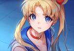  1girl artist_name bishoujo_senshi_sailor_moon blonde_hair blue_eyes blue_sailor_collar choker collarbone crescent crescent_earrings earrings eyebrows_visible_through_hair hair_bun hansum heart heart_choker jewelry long_hair magical_girl red_choker sailor_collar sailor_moon sailor_moon_redraw_challenge solo sweatdrop tsukino_usagi twintails upper_body 