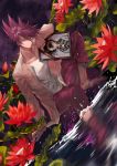  1boy ? absurdres bangs blood blood_from_mouth closed_mouth collarbone collared_shirt commentary_request danganronpa_(series) danganronpa_v3:_killing_harmony dutch_angle facial_hair flower hair_between_eyes highres iei jacket knee_up long_sleeves looking_at_viewer male_focus momota_kaito night night_sky open_clothes open_shirt outdoors pants pink_blood pink_pants print_shirt purple_hair qianhai red_flower shirt short_hair sitting sky smile spiked_hair spoilers wading water 