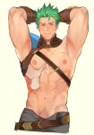  1boy absurdres arms_behind_head bara bare_pecs belt blush cropped_torso dieck_(fire_emblem) disembodied_limb english_commentary fire_emblem fire_emblem:_the_binding_blade gaunt gauntlets grabbing green_eyes green_hair groping highres looking_at_viewer male_focus male_pubic_hair muscular nipples pectoral_grab pectorals penis_peek pubic_hair scar simple_background solo sweatdrop yellow_background zhineart 