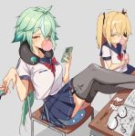  ... 2girls alternate_costume animal_ears black_legwear blonde_hair blue_sailor_collar blue_skirt book bow bowtie bubble_blowing cat_ears cellphone chair chewing_gum commentary_request eyepatch eyewear_removed feet_on_table fischl_(genshin_impact) garter_straps genshin_impact glasses green_eyes green_hair grey_background hair_ribbon hand_up highres holding holding_phone kkry99 korean_commentary long_hair looking_at_viewer looking_to_the_side multicolored_hair multiple_girls nail_polish neck_pillow orange_eyes painting_nails pantyhose pencil phone pleated_skirt red_neckwear ribbon sailor_collar school_uniform semi-rimless_eyewear shirt short_sleeves sitting skirt smartphone solo speech_bubble sucrose_(genshin_impact) tears thighhighs two_side_up vision_(genshin_impact) white_shirt zettai_ryouiki 