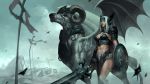  1girl abs armor belt bikini_armor boots breastplate breasts cape helmet holding holding_shield horns legs loincloth long_hair looking_to_the_side medium_breasts original pauldrons phamoz sheep_horns shield shoulder_armor silver_hair sword toned valkyrie warrior weapon winged_helmet 