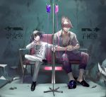  2boys absurdres arrow_(symbol) bangs black_footwear black_hair blood chair cheek_rest collarbone commentary_request danganronpa_(series) danganronpa_v3:_killing_harmony double-breasted facial_hair foot_up glowing glowing_eyes goatee hair_between_eyes highres intravenous_drip jacket long_sleeves male_focus momota_kaito multiple_boys open_clothes open_shirt ouma_kokichi pants pink_blood pink_eyes purple_eyes qianhai shirt short_hair sitting sleeves_folded_up smile space_print starry_sky_print translation_request white_hair white_jacket white_pants white_shirt 