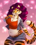  5_fingers anthro belt big_breasts breasts brown_stripes cheek_tuft cleavage clothed clothing curled_hair facial_tuft felid female fingers fur hair hi_res huge_breasts inner_ear_fluff long_hair mammal multicolored_body multicolored_fur navel open_mouth orange_body orange_fur pantherine purple_hair raja_(bilabee) red_eyes smile solo spottedtigress striped_body striped_fur stripes tiger tongue tuft white_body white_fur 