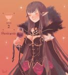  1girl absurdly_long_hair black_dress blush breasts bridal_gauntlets character_name cleavage closed_eyes cowboy_shot cup dress drinking_glass fate/apocrypha fate/grand_order fate_(series) fur_trim highres holy_grail_(fate) long_dress long_hair number pazet0 pointy_ears semiramis_(fate) solo very_long_hair wine_glass 
