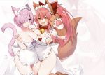  2girls absurdres animal_ear_fluff animal_ears apron arm_up armpits asymmetrical_docking back_bow bangs bare_hips bare_shoulders bell bell_collar blush bow breast_press breasts cat_ears cat_girl cat_hair_ornament cat_tail cleavage collar collarbone cowboy_shot eyebrows_visible_through_hair fang fate/grand_order fate_(series) finger_to_mouth fox_ears fox_girl fox_tail frilled_apron frills hair_between_eyes hair_bow hair_ornament hair_over_one_eye highres jingle_bell large_breasts long_hair looking_at_viewer maid_headdress mash_kyrielight multiple_girls muryotaro naked_apron open_mouth paw_pose paw_print paws pink_hair purple_bow purple_eyes red_bow scan shiny shiny_hair shiny_skin short_hair simple_background skin_fang smile strap_slip tail tamamo_(fate)_(all) tamamo_cat_(fate) v-shaped_eyebrows very_long_hair white_apron white_background 