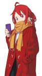  1girl ahoge cable cellphone coat commentary drill_hair earphones hand_in_pocket highres holding holding_phone kasane_teto looking_at_viewer orange_scarf phone red_coat red_eyes red_hair scarf scarf_over_mouth short_hair smartphone solo upper_body utau white_background winter_clothes winter_coat yasutange 
