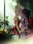  2girls ayase_eli backpack bad_id bad_pixiv_id bag blurry blush child chin_grab cowboy_shot crying depth_of_field dress face-to-face film_grain greenhouse height_difference highres imminent_kiss love_live! love_live!_school_idol_project multiple_girls off-shoulder_dress off_shoulder randoseru signature tears toujou_nozomi wrist_grab younger yuri zawawa_(satoukibi1108) 