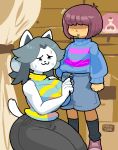  ambiguous_gender anthro bodily_fluids breasts canid canine child clothed clothing detailed_background duo felid feline female hair human mammal newtype_hero protagonist_(undertale) sitting size_difference sleeveless_shirt standing sweat tem temmie_(undertale) undertale video_games white_body young 