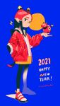  1girl 2021 bandaid bandaid_on_nose bangs black_hair black_legwear blue_background chinese_zodiac circle closed_mouth cow_horns expressionless eyebrows from_side full_body gradient hand_in_pocket hand_up happy_new_year highres holding hood hood_down hooded_jacket horns jacket leggings legs_apart limited_palette long_hair long_sleeves looking_at_viewer looking_to_the_side multicolored_hair new_year niwabuki open_clothes open_jacket original parted_bangs personification red_eyes red_footwear red_hair red_jacket shirt shoes signature silhouette simple_background skirt sneakers solo standing straight_hair very_long_hair white_shirt year_of_the_ox yellow_skirt zipper_pull_tab 