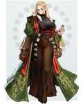  1girl blonde_hair book brown_skirt coat earrings flask full_body glasses glint green_coat green_eyes hair_ornament hand_up highres jewelry long_hair long_skirt long_sleeves looking_at_viewer necklace off_shoulder original parted_lips print_coat rinotuna skirt smile solo standing star_(symbol) star_earrings star_hair_ornament tree_of_life 