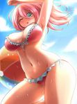  1girl arm_up armpits ball beachball bikini blue_sky blush breasts breasts_apart cloud cloudy_sky cowboy_shot frilled_bikini frills hair_between_eyes highres kay_yu large_breasts long_hair looking_at_viewer navel one_eye_closed original pink-haired_girl_(kay_yu) pink_bikini pink_hair sky solo sweatdrop swimsuit 