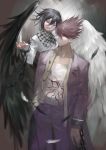  2boys :d absurdres bangs black_hair black_wings blood blood_from_mouth brown_background brown_hair chain checkered checkered_scarf collarbone commentary_request cowboy_shot cuffs danganronpa_(series) danganronpa_v3:_killing_harmony evil_smile facial_hair feathered_wings feathers goatee hand_in_pocket highres jacket long_sleeves looking_at_viewer male_focus mismatched_wings momota_kaito multicolored multicolored_background multiple_boys open_clothes open_jacket open_mouth open_shirt ouma_kokichi pants pink_eyes pink_jacket pink_pants print_shirt purple_eyes qianhai scarf shackles shirt short_hair smile straitjacket white_background white_jacket white_shirt white_wings wings 