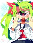  1girl :d black_sailor_collar black_skirt bow cowboy_shot crescent-shaped_pupils cyclops dated eyebrows_visible_through_hair green_hair hair_bow hands_up highres labcoat looking_at_viewer monocle muroku_(aimichiyo0526) neckerchief one-eyed open_mouth original pleated_skirt purple_eyes red_bow red_neckwear red_pupils round_teeth sailor_collar school_uniform serafuku shirt signature skirt smile solo teeth twintails upper_teeth white_shirt 