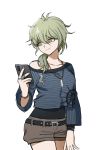  1girl amami_rantarou antenna_hair bangs belt breasts brown_shorts cellphone closed_mouth collarbone cowboy_shot danganronpa_(series) danganronpa_v3:_killing_harmony ear_piercing genderswap genderswap_(mtf) green_eyes green_hair hair_between_eyes holding holding_phone jewelry long_sleeves looking_at_viewer medium_breasts medium_hair messy_hair necklace no_(xpxz7347) off-shoulder_shirt off_shoulder phone piercing ponytail shirt short_shorts shorts simple_background single_bare_shoulder smartphone smile solo striped striped_shirt white_background 