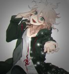  1boy :d bangs blurry collarbone commentary_request danganronpa_(series) danganronpa_2:_goodbye_despair depth_of_field green_eyes grey_background grey_hair hands_on_own_face hands_up hita_(hitapita) hood hooded_jacket jacket komaeda_nagito long_sleeves looking_at_viewer male_focus messy_hair open_clothes open_jacket open_mouth outstretched_hand shirt simple_background smile solo teeth upper_body 