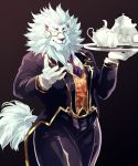  2021 5_fingers bottomwear butler clothed clothing cloves eyewear felid fingers fur hair holding_tray humanoid_hands kettle lion mammal mane mane_hair monocle ohayashi55 pantherine pink_nose snow_(tas) tail_tuft tokyo_afterschool_summoners topwear tuft video_games white_body white_fur 