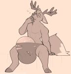 anthro antlers big_penis cervid clothed clothing eyewear genitals glasses hi_res horn huge_penis male mammal open_mouth penis simple_background sitting solo topless torn_clothing vein veiny_penis yawn zhan 