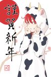  1girl animal_costume animal_ears animal_print branch chinese_zodiac commentary cow_costume cow_ears cow_hood cow_horns cow_print grin happy_new_year highres hood hood_up horns index_finger_raised kasane_teto looking_at_viewer nengajou new_year red_eyes red_hair red_sun smile solo stamp_mark translated tree utau v white_background yasutange year_of_the_ox 