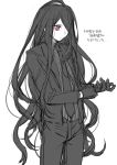  1boy adjusting_clothes adjusting_gloves bangs closed_mouth commentary_request cowboy_shot danganronpa_(series) danganronpa_2:_goodbye_despair gloves hair_over_one_eye hita_(hitapita) jacket kamukura_izuru long_hair long_sleeves male_focus monochrome necktie open_clothes open_jacket pants red_eyes shirt simple_background sketch solo spot_color striped striped_shirt translation_request very_long_hair white_background 