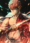  1boy absurdres embers emiya_shirou fate/grand_order fate_(series) glint highres holding holding_sword holding_weapon igote katana limited/zero_over looking_at_viewer male_focus red_hair sengo_muramasa_(fate) shirtless solo sword toned toned_male tuto_(mokuchin09) upper_body weapon wristband yellow_eyes 
