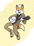  anthro banjo_(instrument) black_eyes canid canine clothing cussindave fox fur hair hi_res keith_macmahon mammal musical_instrument orange_body orange_fur playing_music plucked_string_instrument smile solo string_instrument suit ubisoft video_games watch_dogs watch_dogs:_legion white_body white_fur white_hair 