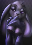  2020 anthro breasts clothed clothing clothing_lift disney female fur grey_body grey_fur head_tuft hi_res judy_hopps lagomorph leporid mammal purple_eyes rabbit rin_tyan solo tuft zootopia 