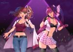  2girls absurdres audience belt black_bra black_choker bow bra breasts brown_eyes brown_hair camisole choker cleavage collarbone commentary commission concert cosplay costume_switch cropped_jacket crossover dancing denim english_commentary glowstick hair_ornament hair_ribbon haori highres holding holding_microphone huge_filesize idol jacket japanese_clothes jeans kujikawa_rise kujikawa_rise_(cosplay) medium_breasts microphone multiple_girls music newmoonshira open_clothes open_jacket pants persona persona_4 pink_skirt pleated_skirt ponytail print_bow print_skirt purple_hair red_eyes ribbon singing skirt stage stage_lights suspenders twintails under_night_in-birth underwear yuzuriha_(under_night_in-birth) yuzuriha_(under_night_in-birth)_(cosplay) 