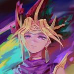  1boy atem blonde_hair closed_mouth commentary earrings egyptian eyelashes hejia_abby jewelry light_smile looking_down male_focus multicolored_hair portrait purple_eyes red_hair solo spiked_hair yu-gi-oh! 