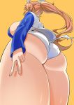 1girl animal_ears breasts brown_hair bunny_ears charlotte_e_yeager commentary_request from_behind jacket large_breasts long_hair panties ponytail simple_background solo strike_witches thick_thighs thighs toudori underwear v white_panties world_witches_series yellow_background 