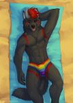  anthro beach black_body black_fur bulge canid canine canis clothing demon fur hair hi_res horn kinsheph lying male mammal markings multicolored_clothing navel on_back rainbow_clothing red_body red_fur red_hair red_markings sand seaside solo swimwear topless_male towel wolf 