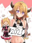  1boy 1girl 2021 :d ^_^ ^o^ ahoge alternate_hair_length alternate_hairstyle animal_costume animal_ears animal_print arknights bare_shoulders bell bell_collar bison_(arknights) blonde_hair blush breasts brush cape clenched_hand closed_eyes collar collarbone cosmetics cow_costume cow_ears cow_horns cow_print cow_tail cowbell dress ear_tag facing_viewer flying_sweatdrops frilled_dress frilled_skirt frills gloves hair_between_eyes hair_ribbon heart hm_(hmongt) holding holding_sign horns long_hair long_sleeves makeup_brush mars_symbol navel open_mouth pink_ribbon purple_eyes ribbon sign skirt sleeveless small_breasts smile sora_(arknights) tail teeth thighhighs twintails venus_symbol wavy_mouth white_legwear wolf_ears zeto_(legaia_densetsu) 