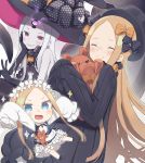  1girl :d abigail_williams_(fate/grand_order) bangs black_bow black_dress black_footwear black_gloves black_headwear blonde_hair blue_eyes blush bow bug butterfly butterfly_hair_ornament chibi closed_eyes closed_mouth colored_skin commentary_request dress elbow_gloves fate/grand_order fate_(series) forehead gloves grey_skin grin hair_bow hair_ornament hat hat_bow highres insect keyhole long_hair long_sleeves multiple_views object_hug open_mouth orange_bow parted_bangs polka_dot polka_dot_bow print_bow red_eyes sharp_teeth shirt shoes sleeveless sleeveless_dress sleeves_past_fingers sleeves_past_wrists smile sparkle star_(symbol) star_print stuffed_animal stuffed_toy teddy_bear teeth totatokeke v v-shaped_eyebrows very_long_hair white_hair white_shirt witch_hat 