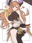  1girl bangs bare_shoulders black_legwear black_shorts blush breasts brown_eyes crop_top detached_sleeves gloves gold_bar granblue_fantasy head_wings heart highres large_breasts light_brown_hair ll_0109 long_hair looking_at_viewer lying midriff navel on_back parted_lips short_shorts shorts sidelocks smile song_(granblue_fantasy) sparkle thighhighs thighs white_gloves 