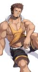  1boy abs absurdres alternate_costume bara bare_pecs bare_shoulders black_shorts blue_eyes brown_hair bulge casual collarbone cropped_hoodie crotchless_shorts facial_hair fate/grand_order fate_(series) goatee head_tilt highres hood hoodie jockstrap knee_up looking_at_viewer male_focus midriff muscular muscular_male napoleon_bonaparte_(fate/grand_order) navel nipple_piercing nipples orange_hoodie orange_tank_top pectorals piercing revealing_clothes scar scar_on_chest short_hair shorts sideburns socks solo stomach tank_top tekkowang underwear white_legwear white_male_underwear 