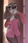  anthro breasts buckteeth disney door dripping female fur grey_body grey_fur head_tuft hi_res inside judy_hopps lagomorph leporid looking_at_viewer mammal purple_eyes rabbit rin_tyan solo teeth towel towel_only tuft water_drop white_body white_fur zootopia 