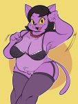  2020 absurd_res anthro armpit_tuft big_breasts black_hair bottomless bra breasts catty_(undertale) chubby_female cleavage clothed clothing deltarune domestic_cat felid feline felis female freckles front_view fur garter_straps hair hi_res jewelry legwear looking_at_viewer mammal mature_female necklace open_mouth open_smile portrait purple_body purple_fur samoyena slightly_chubby smile solo stockings thigh_highs three-quarter_portrait undertale underwear video_games yellow_eyes 