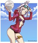  1girl absurdres alternate_costume ass badge ball beach beachball bikini bikini_top black_bikini blue_eyes breasts cloud forehead freckles gym_leader hair_bobbles hair_ornament highres hood hoodie pokemon pokemon_(game) pokemon_bw2 purple_bikini roxie_(pokemon) sky small_breasts solo soloungatonegro standing sunglasses swimsuit thighs topknot white_hair 