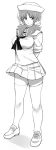  1girl alternate_hairstyle alternate_legwear arms_behind_back bangs blouse blush commentary dixie_cup_hat eyebrows_visible_through_hair frown full_body girls_und_panzer greyscale hair_ornament hair_over_shoulder hair_scrunchie hat highres loafers long_hair long_sleeves looking_at_viewer military_hat miniskirt mityubi monochrome murakami_(girls_und_panzer) neckerchief ooarai_naval_school_uniform parted_lips pleated_skirt sailor sailor_collar school_uniform scrunchie shoes skirt sleeves_rolled_up solo standing thighhighs twintails 