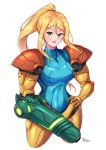  1girl arm_cannon blonde_hair breasts furrowed_eyebrows green_eyes hand_on_hip highres looking_at_viewer metroid mole navel ponytail power_suit samus_aran wakaba_(wata_ridley) weapon zero_suit 