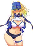  1girl artoria_pendragon_(all) bangs baseball_cap bikini black_buruma blue_headwear blue_jacket blue_scarf blush breasts buruma cleavage commentary_request cowboy_shot fate/grand_order fate_(series) frown hair_through_headwear hat heart highres jacket kiriya_(aprikose_0312) large_breasts long_hair looking_at_viewer mysterious_heroine_xx_(foreigner) navel ponytail scarf shirt_lift shrug_(clothing) simple_background skindentation solo standing sweat swimsuit thigh_strap white_background white_bikini 