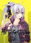  1girl blue_eyes character_name cosplay crossover cyberpunk cyberpunk_2077 english_commentary fuku_(fuku12290574) gun happy_birthday highres holding holding_gun holding_weapon indie_virtual_youtuber jacket licking_lips mechanical_parts pepsi ponytail purple_jacket silver_hair soda soda_bottle solo tied_hair tongue tongue_out v-shaped_eyebrows v_(cyberpunk_2077) v_(cyberpunk_2077)_(cosplay) vei_(vtuber) virtual_youtuber weapon 