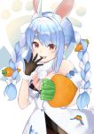  1girl :d absurdres animal_ear_fluff animal_ears bangs bare_shoulders black_gloves black_legwear black_leotard blue_hair blue_ribbon blush bow braid breasts bunny-shaped_pupils bunny_ears carrot carrot_hair_ornament carrying_under_arm cleavage commentary_request detached_sleeves don-chan_(usada_pekora) dress eyebrows_visible_through_hair eyes_visible_through_hair food_themed_background food_themed_hair_ornament fur_trim gloves gradient hair_between_eyes hair_bow hair_intakes hair_ornament hand_to_own_mouth highres holding hololive leotard long_hair looking_at_viewer multicolored_hair omae_no_tochan open_mouth orange_eyes pantyhose pocket pom_pom_(clothes) puffy_short_sleeves puffy_sleeves ribbon short_sleeves silver_hair simple_background small_breasts smile solo standing thick_eyebrows twin_braids twintails two-tone_hair upper_body usada_pekora very_long_hair virtual_youtuber white_background white_bow white_dress 