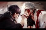 2boys black_hair black_shirt blood blood_from_mouth bloody_clothes bokken clenched_teeth eye_contact from_side gintama hadanugi_dousa highres holding holding_sword holding_weapon injury japanese_clothes kimono letterboxed looking_at_another male_focus multiple_boys profile sakata_gintoki shirt short_sleeves stab sword takasugi_shinsuke teeth upper_body uraki_(tetsu420) v-shaped_eyebrows weapon white_hair white_kimono wide-eyed wooden_sword 