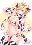  1girl animal_ears animal_print arm_up bangs bare_shoulders bell bikini black_bikini black_gloves black_legwear black_scarf blonde_hair blush bottle bracelet breasts cleavage closed_mouth cloud_strife commentary_request cow_ears cow_girl cow_horns cow_print cowboy_shot cup dutch_angle elbow_gloves final_fantasy final_fantasy_vii glass gloves gold_bracelet groin hana_dji hand_up heart holding holding_cup horns jewelry milk milk_bottle multicolored multicolored_clothes navel scarf skindentation solo stomach swimsuit thighhighs twitter_username white_background white_bikini white_gloves white_legwear white_scarf yellow_background 