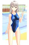  1girl absurdres blue_eyes blue_swimsuit blurry breasts commentary_request competition_swimsuit covered_navel cowboy_shot depth_of_field girls_und_panzer highleg highleg_swimsuit highres itsumi_erika looking_at_viewer medium_breasts medium_hair one-piece_swimsuit parted_lips pool silver_hair solo standing string_of_flags swimsuit takafumi 