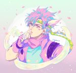  1boy alternate_color artist_name bangs bubble bubble_blowing caesar_anthonio_zeppeli facial_mark feathers fingerless_gloves gloves gradient gradient_background hair_feathers hand_up headband high_collar highres jacket jojo_no_kimyou_na_bouken kogatarou looking_away male_focus multicolored_hair petals pink_eyes pink_gloves pink_hair pink_jacket pink_scarf portrait scarf short_hair signature solo triangle_print two-tone_hair 